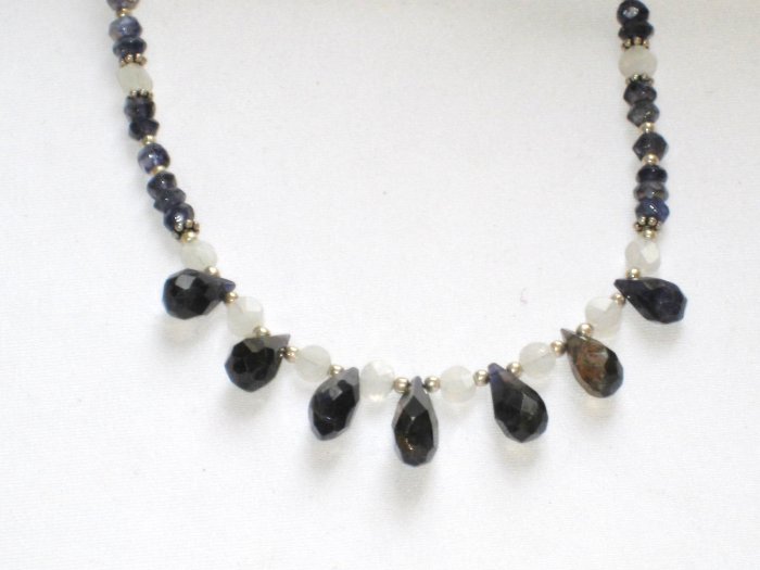 ST083 Blue CZ and Moonstone Necklace in Sterling Silver