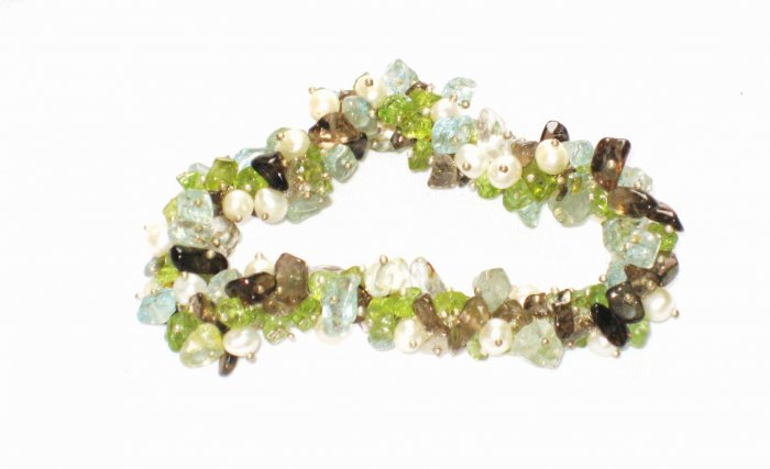 ST130 Pearl, Peridot, Blue Topaz and Smoky Quartz Bracelet in Sterling Silver
