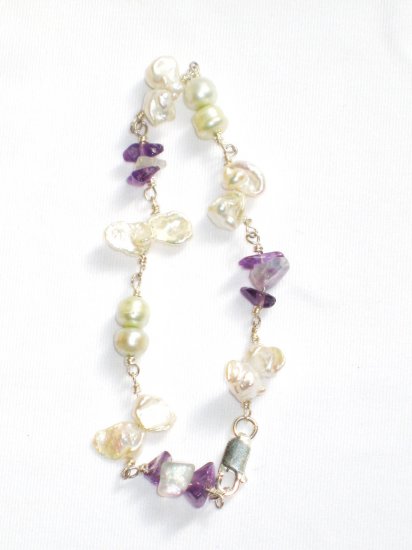 ST287 Amethsyt, Moonstone and Pearl Bracelet in Sterling Silver