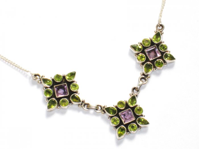 ST244 Peridot and Amethyst Cut Stone Necklace in Sterling Silver