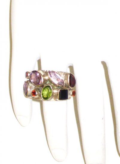 RG052 Mixed Stones Ring in Sterling Silver, Size 6