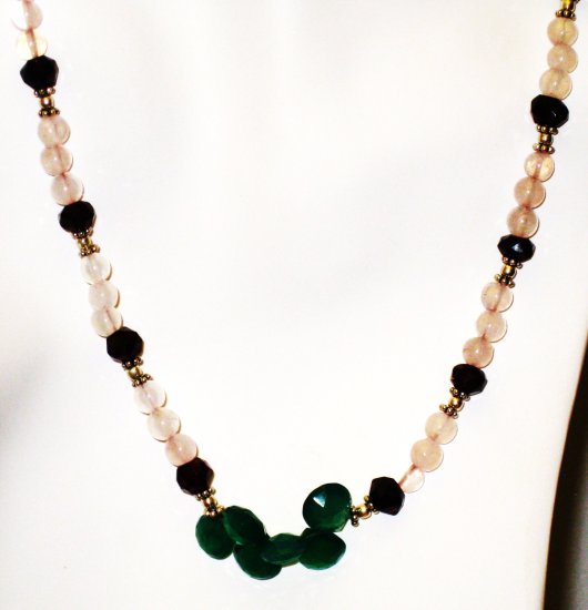 NK007 Rose Quartz and Garnet Necklace with a Green Onyx center. Sterling Silver