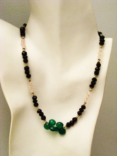 NK008 Rose Quartz and Garnet Necklace with a Green Onyx center. Sterling Silver