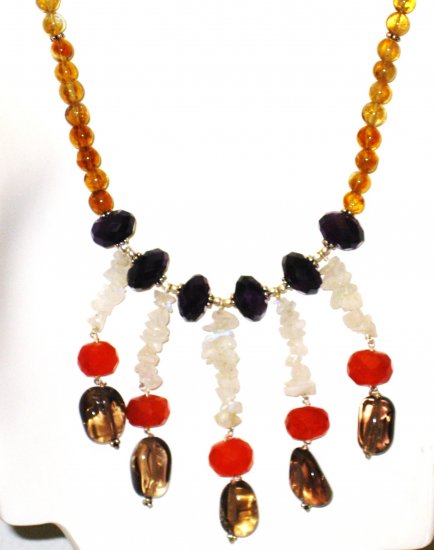 NK011 Citrine strand with Amethyst, Carnelian, Moonstone, and Smoky Quartz Center.