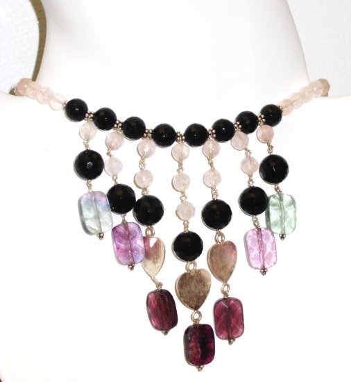 NK015 Multi-Stone Necklace in Sterling Silver with a Rose Quartz Strand.