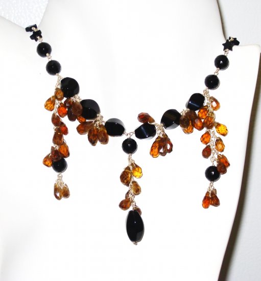 NK017 Onyx and Smoky Quartz Necklace in Sterling Silver