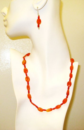 NK025 Citrine and Coral Necklace and Earrings in Sterling Silver