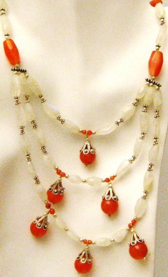 NK049 Moonstone and Carnelian Necklace with Sterling Silver Beads and Clasps.