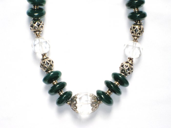 ST024 Green Onyx and CZ Necklace in Sterling Silver