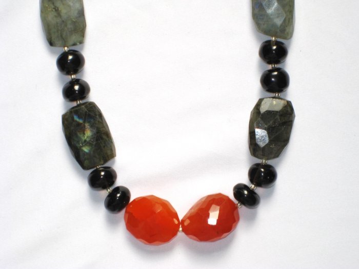ST025 Orange Aventurine, Onyx and Labradorite Necklace in Sterling Silver
