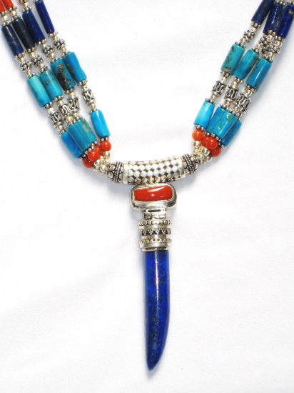 ST026 Turquoise, Lapis Lazuli and Coral Necklace in Sterling Silver