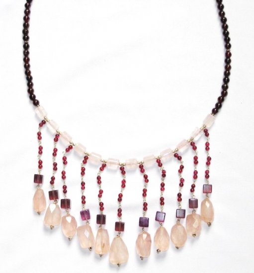 ST028 Rose Quartz and Garnet Necklace in Sterling Silver