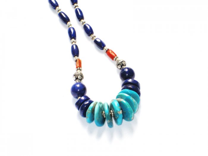 ST036 Turquoise, Lapis Lazuli and Coral Necklace in Sterling Silver"