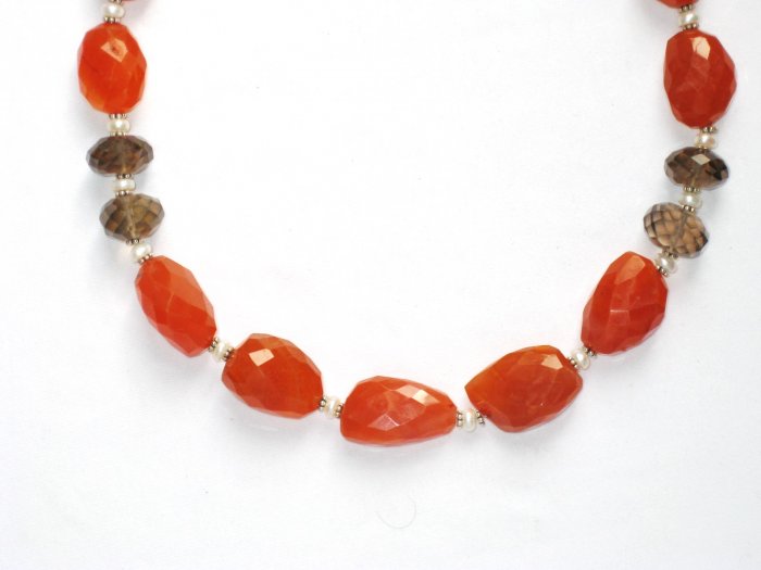 ST056 Carnelian and Smoky Quartz Necklace in Sterling Silver