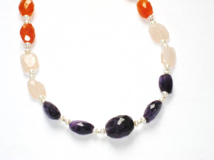 ST060 Rose Quartz, Onyx and Carnelian Necklace in Sterling Silver