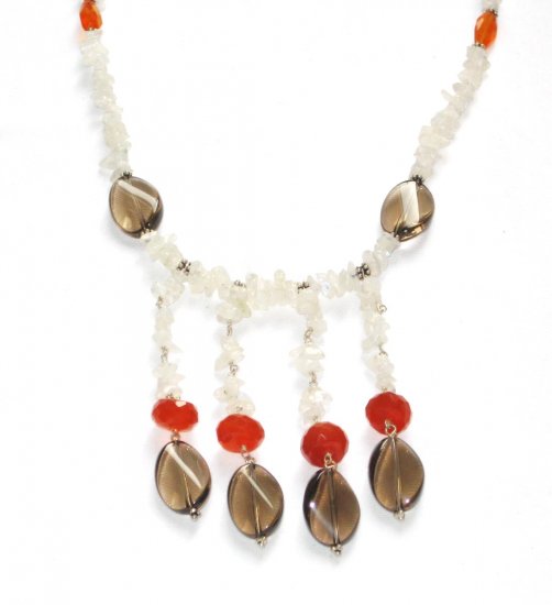 ST064 Moonstone, Carnelian and Smoky Quartz Necklace in Sterling Silver