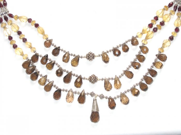 ST069 Smoky Quartz, Citrine and Garnet Necklace in Sterling Silver