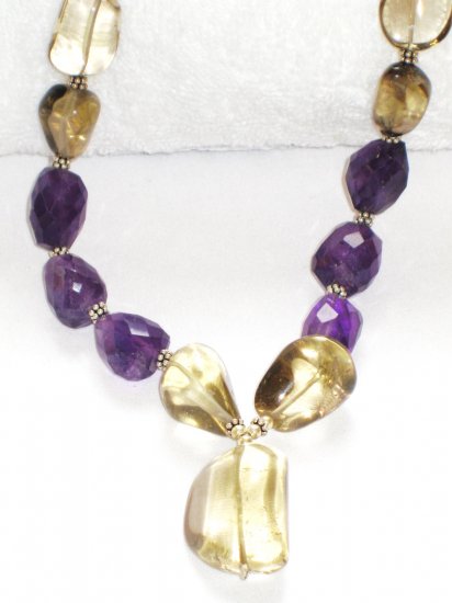 ST072 Amethyst and Smoky Quartz Necklace in Sterling Silver