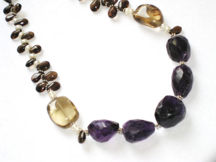 ST077 Smoky Quartz and Amethyst Necklace in Sterling Silver