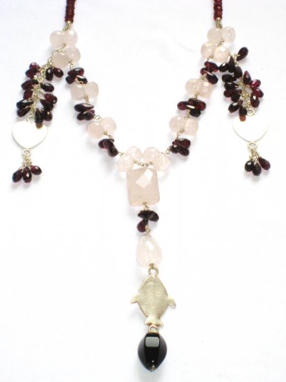 ST089 Rose Quartz and Garnet Necklace in Sterling Silver