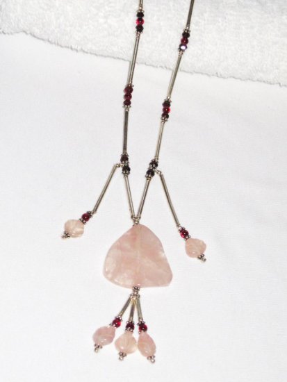 ST101 Rose Quartz and Garnet Necklace in Sterling Silver