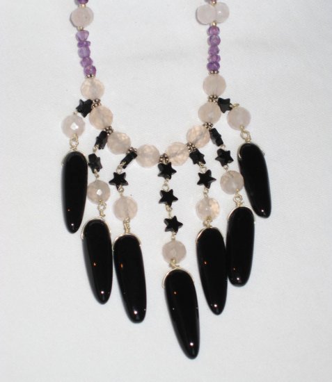 ST115 Amethyst, Rose Quartz and Onyx Necklace in Sterling Silver