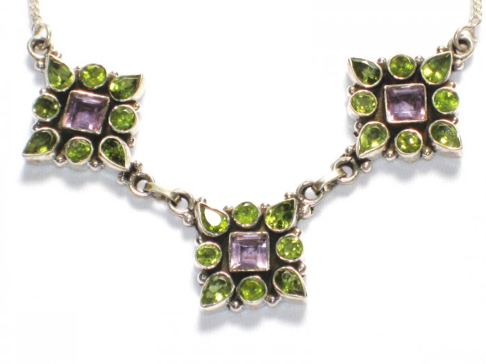 ST204 Peridot and Amethyst Cut Stone Necklace in Sterling Silver