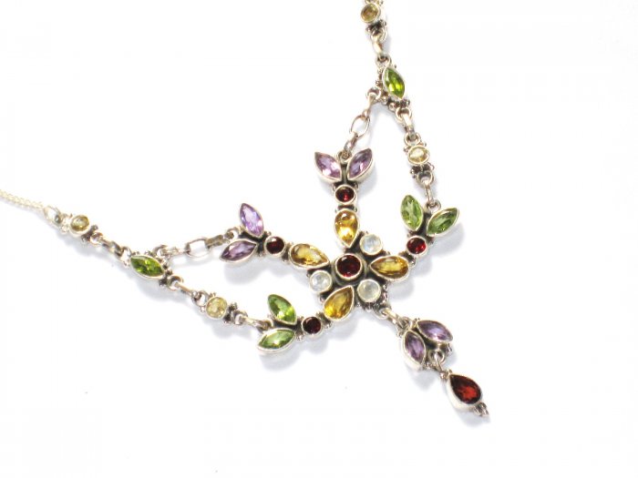 ST234 Cut Stone Mixed Stones Necklace in Sterling Silver
