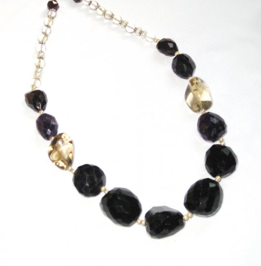 ST359 Onyx, Amethyst and Smoky Quartz Necklace in Sterling Silver