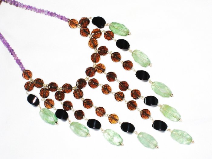 ST431 Onyx, Smoky Quartz, Amethyst and AgateNecklace"inSterlingSilver
