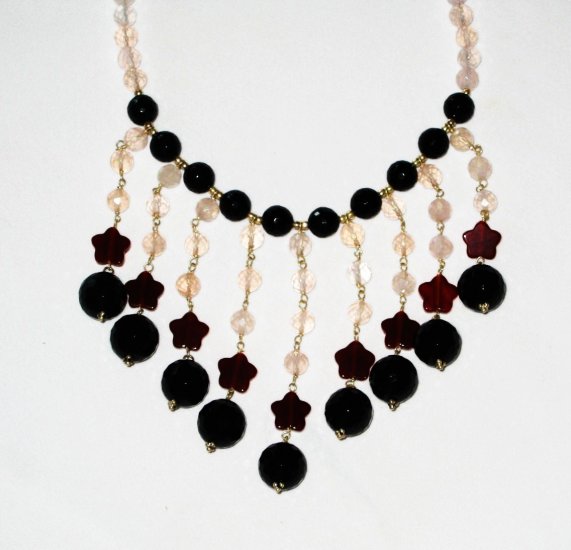 ST432 Red Jasper, Onyx and Rose Quartz Necklace in Sterling Silver