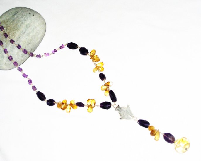 ST447 Citrine, Onyx and Amethsyt Necklace in Sterling Silver