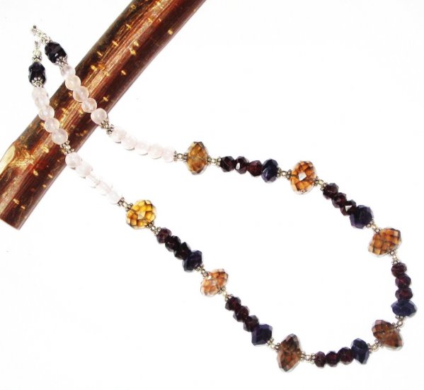 ST461 Smoky Quartz, Rose Quartz and Garnet Necklace in Sterling Silver