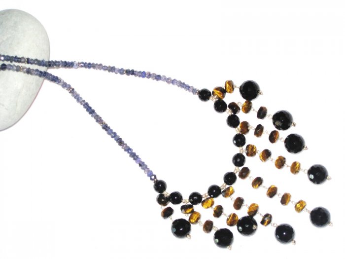 ST481 Blue CZ, Onyx and Tiger's Eyes Necklace in Sterling Silver
