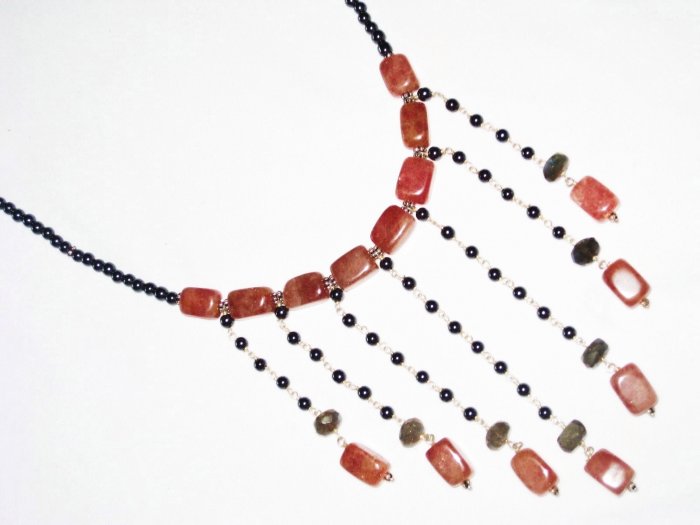 ST482 Red Jasper, Labradorite and Onyx Necklace in Sterling Silver