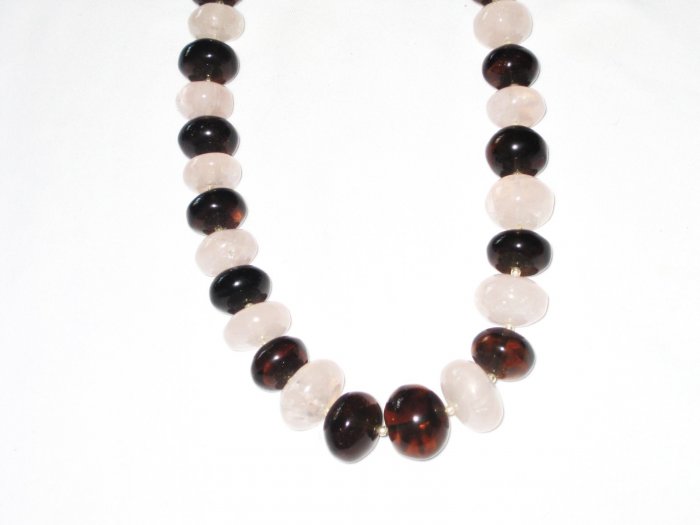 ST483 Rose Quartz and Smoky Quartz Necklace in Sterling Silver