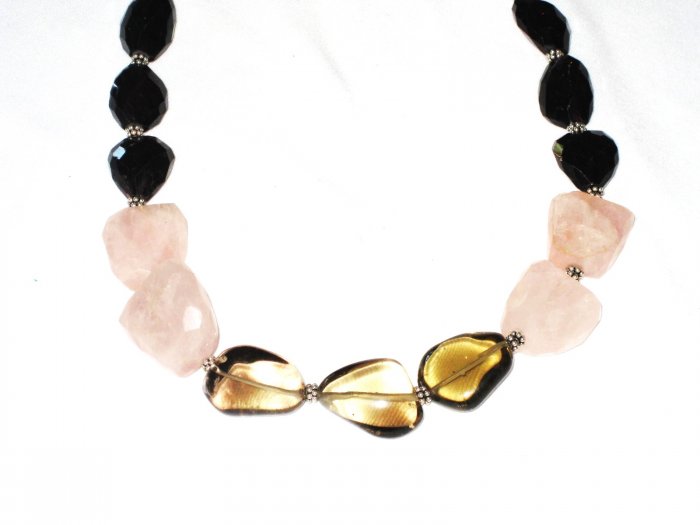 ST488 Rose Quartz, Smoky Quartz and Amethsyt Necklace in Sterling Silver