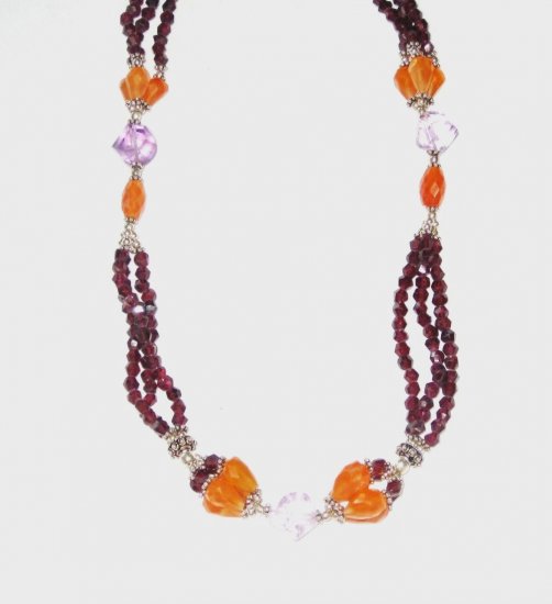 ST491 Garnet, Carnelian, and Amethyst Necklace in Sterling Silver