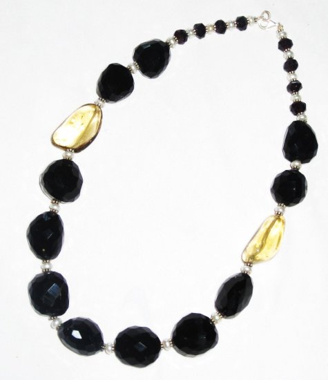ST493 Onyx and Smoky Quartz Necklace in Sterling Silver