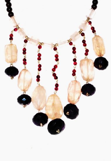 ST496 Onyx, Garnet and Rose Quartz Necklace in Sterling Silver