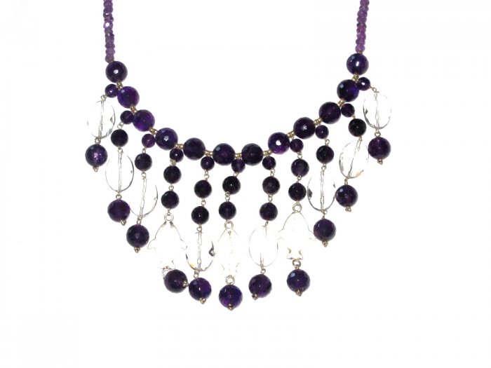 ST499 Amethyst, Onyx and CZ Necklace in Sterling Silver