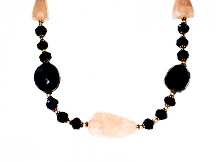 ST500 Rose Quatrtz, Onyx Necklace in Sterling Silver