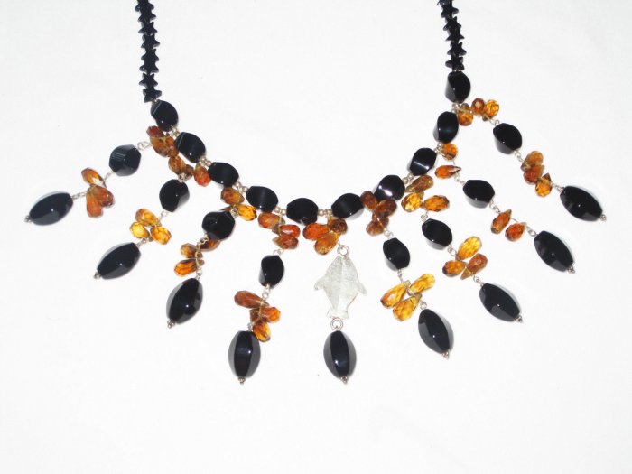 ST515 Onyx and Smoky Quartz Necklace in Sterling Silver