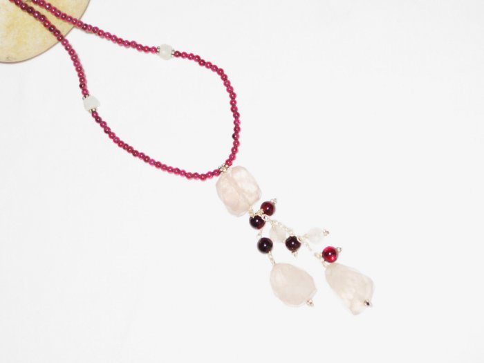 ST524 Rose Quartz and Garnet Necklace in Sterling Silver