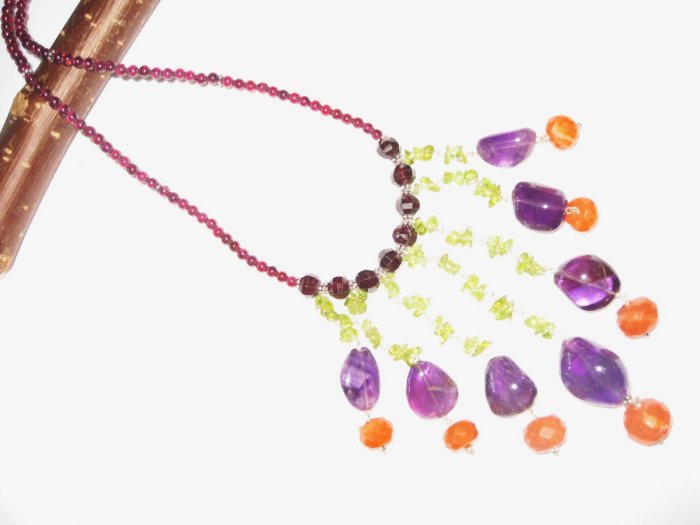 ST527 Amethyst, Peridot, Carnelian, and Garnet Necklace in Sterling Silver