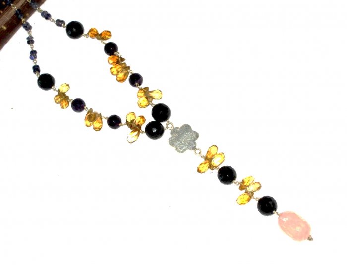 ST531 Citrine, Onyx and Rose Quartz Necklace in Sterling Silver