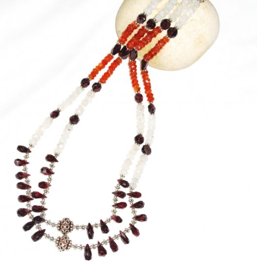 ST537 Moonstone, Garnet and Carnelian Necklace in Sterling Silver