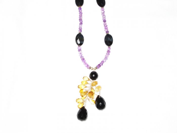 ST544 Smoky Quartz, Onyx and Amethyst Necklace in Sterling Silver