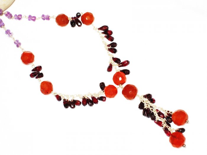 ST548 Garnet, Carnelian, and Amethyst Necklace in Sterling Silver