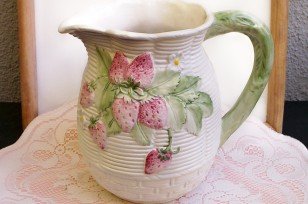 Strawberries on Ceramic Basket Pitcher...very sweet FREE SHIPPING!